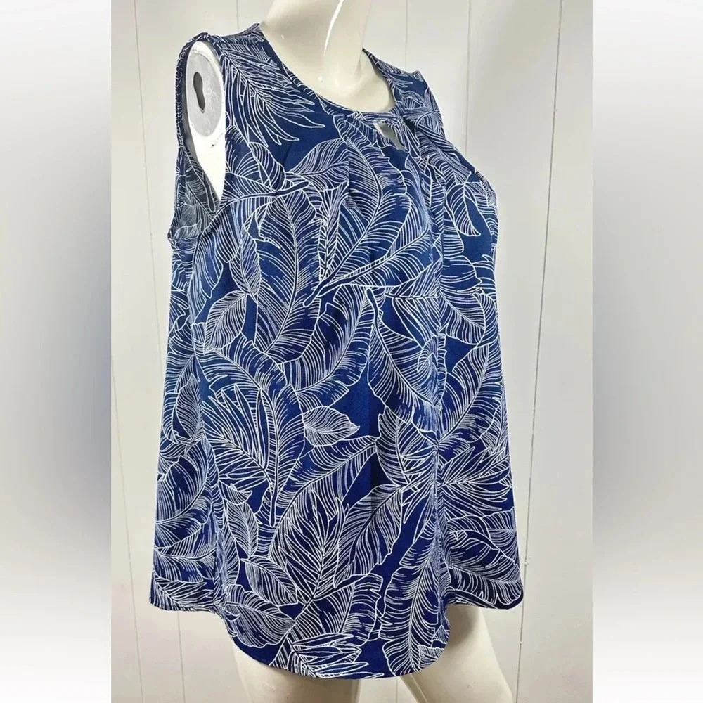Lara Fashion Loose Navy Blue Floral Tunic Blouse Top Sleeveless Size M — image 3 of 6